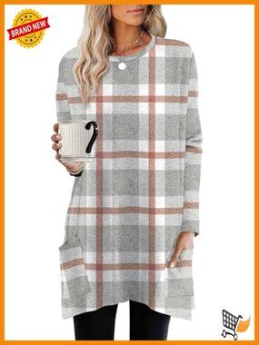 Long Sleeve Tunic Top with Pockets Crew Neck Loose Fit Blouse